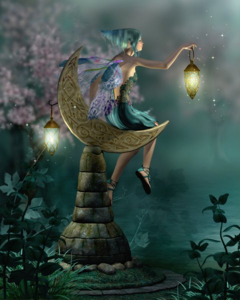 Фотообои - Ночная фея с фонариком - №0001469