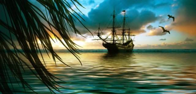 Фотообои - Сумеречный морской пейзаж со старым парусником - №0002959