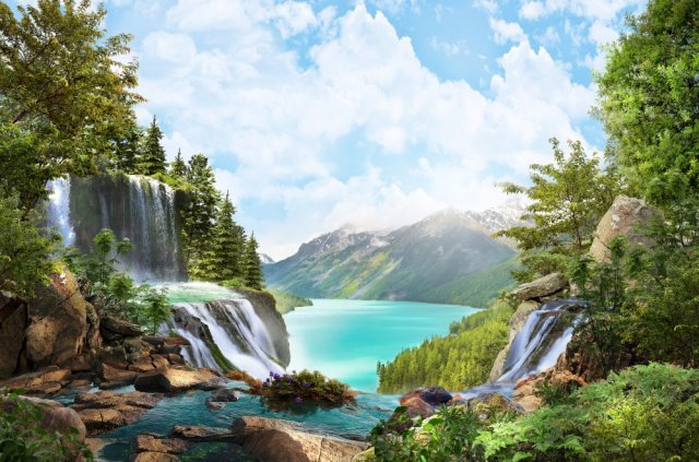 Фотообои - Водопад, река и горы летним днем - №0001099