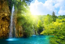 Фотообои Лесное озеро с водопадом солнечным летним днем